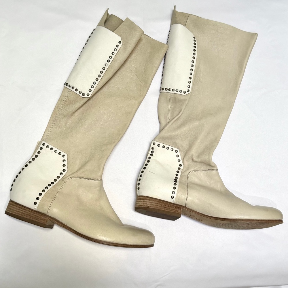 Women's Beige Leather Studded Knee-High Boots
